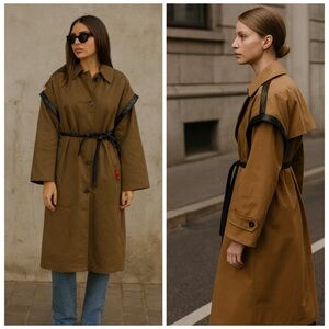 NWT OOF 9025 Tie Waist Trench Coat Cotton Hand Peach Tobacco IT 44